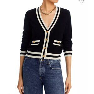 AQUA Cashmere Stripe Trim Novelty Button Cashmere Cardigan-lady jacket